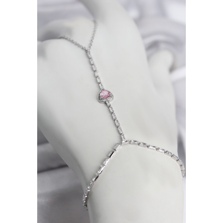 Gümüş Renk Pirinç Zirkon Taşlı Pembe Kalp Model Şahmeran 5886