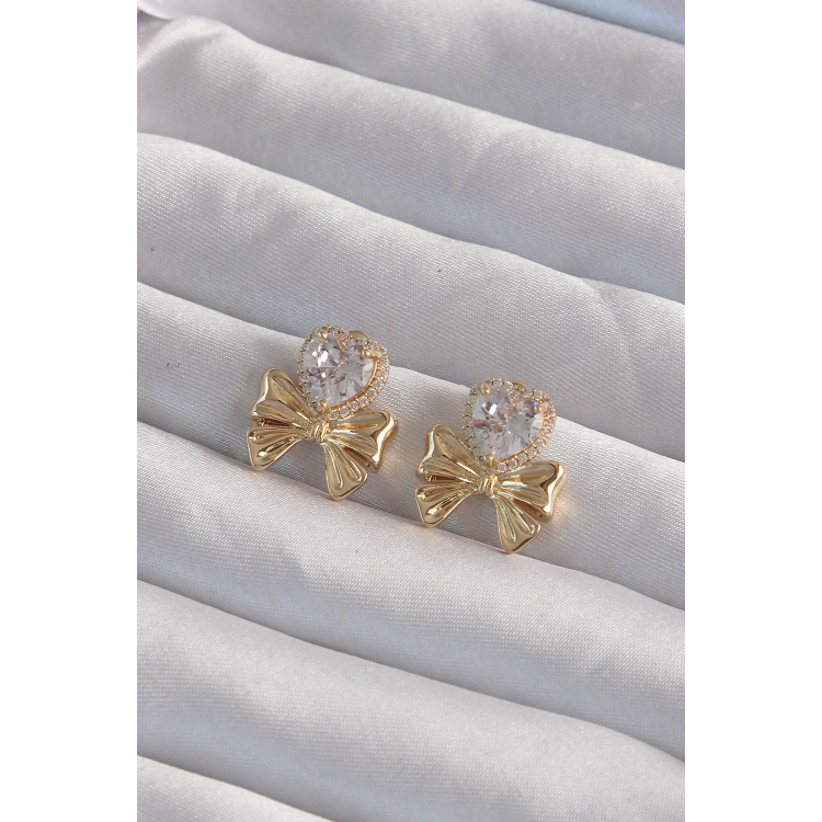 Pirinç Gold Renk Zirkon Taşlı Kalp Model Fiyonk Küpe 5886