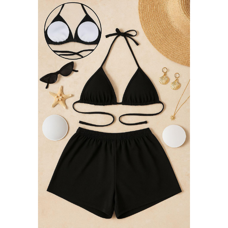 Kadın Siyah Şortlu Belden ve Boyundan Bağlamalı Bikini Takımı