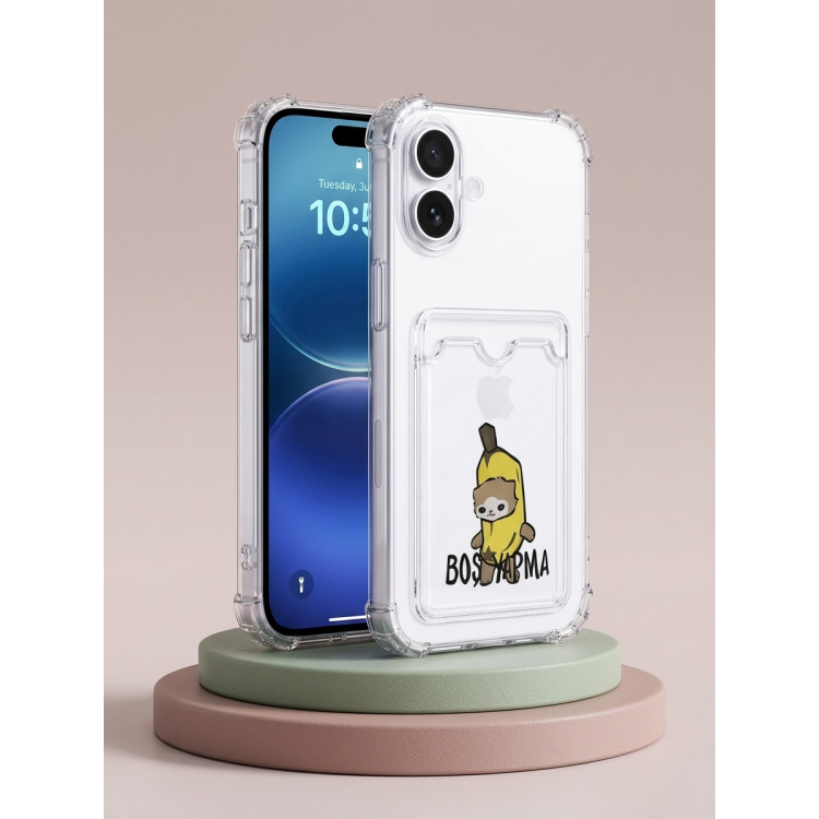iPhone 16 Boş Yapma Muz Detaylı Kart Bölmeli Şeffaf Telefon Kılıfı