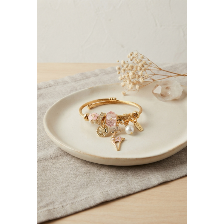 Geyik Model Gold Renk Pembe Charmlı Bileklik 5886