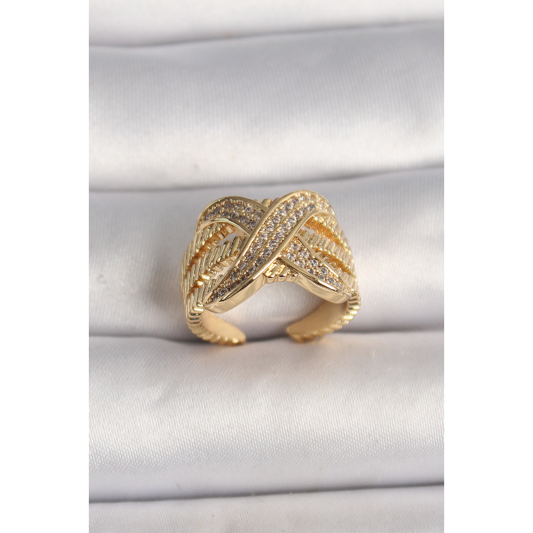 Pirinç Gold Renk Ayarlanabilir Zirkon Taşlı X Model Kadın Yüzük 5886