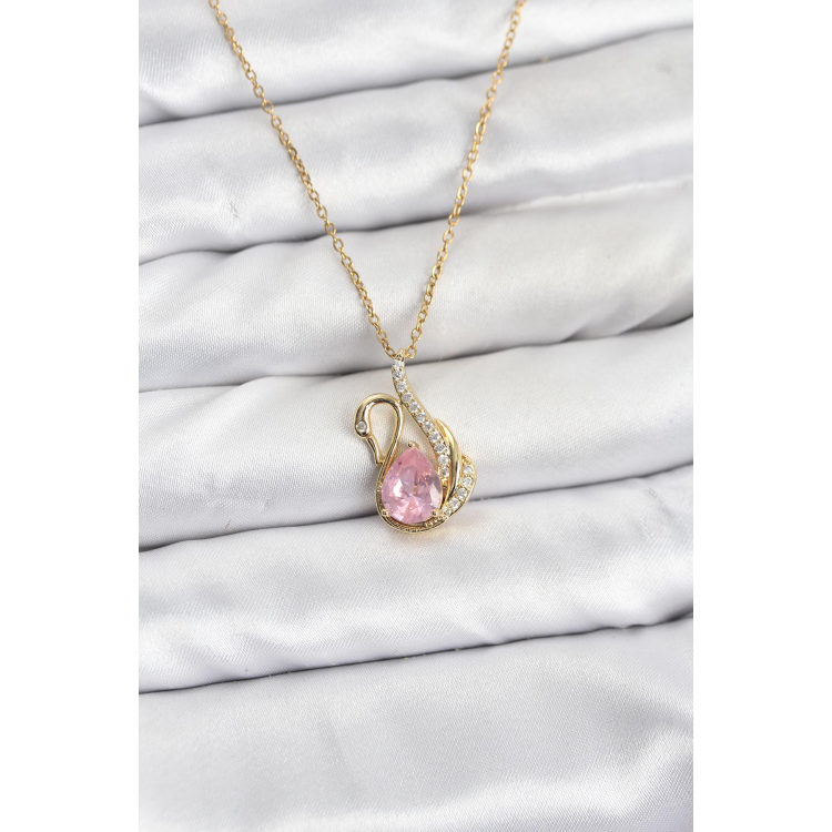 316L Çelik Zincir Gold Renk Pembe Kuğu Model Zirkon Taşlı Kadın Kolye 5886