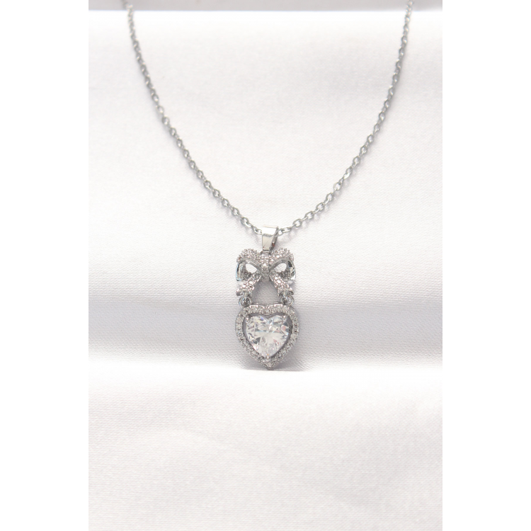 316L Çelik Silver Renk Zirkon Taşlı Kalpli Fiyonk Kolye 5886