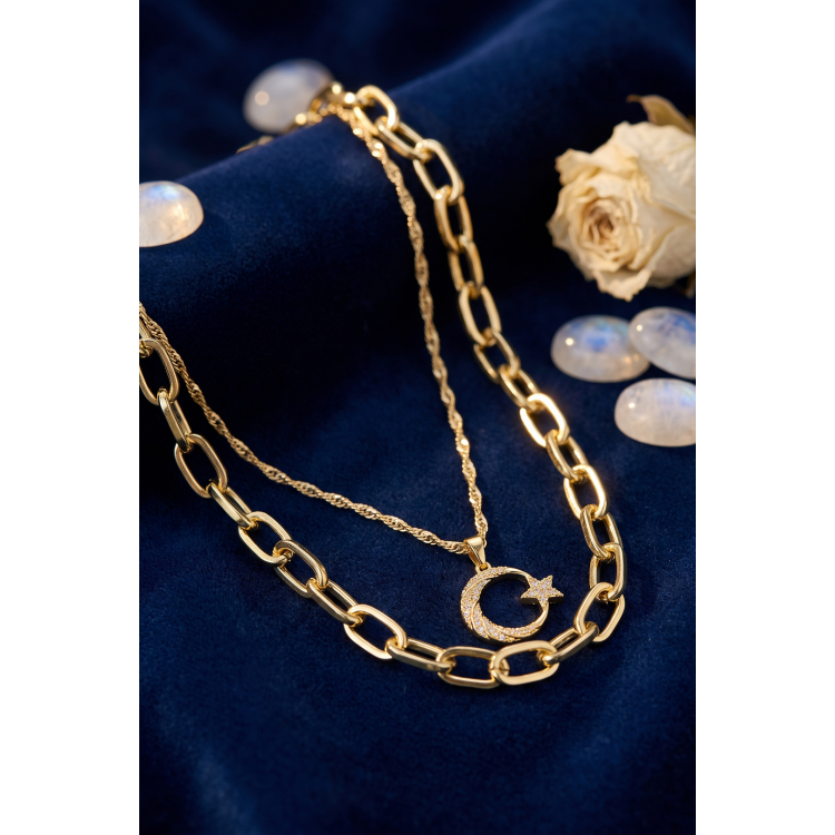 Gold Renk Pirinç Ay Yıldız Model Kombin Kadın Kolye 5886