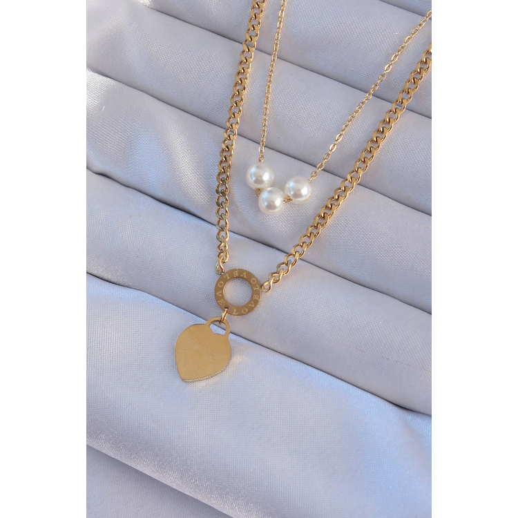 316L Çelik Gold Renk Çift Zincir İnci Detayı Love Kalp Kolye 5886