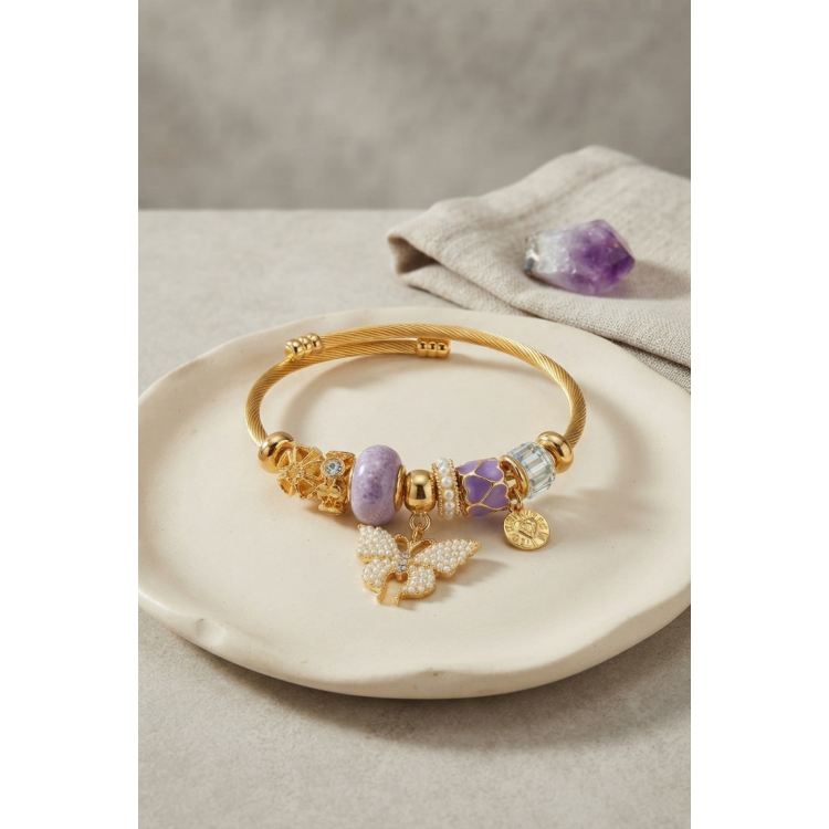 Mor Kelebek Model Gold Renk Charmlı Bileklik 5886