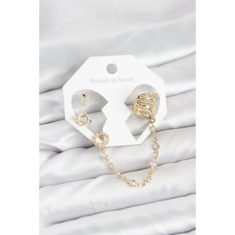 Uzay Model Pirinç Gold Renk Zincir Bağlantılı Ear Cuff Küpe Seti 5886