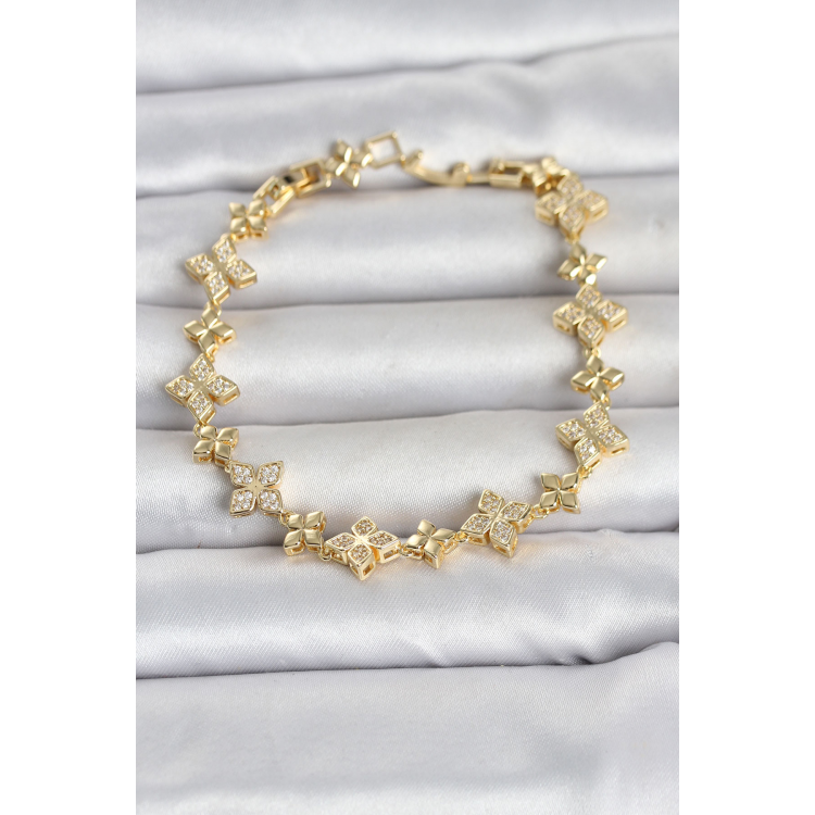 Pirinç Zirkon Taşlı Yonca Model Gold Renk Kadın Bileklik 5886