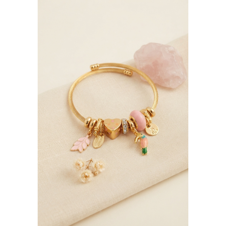 Kuş Figürlü Pembe Charmlı Gold Renk Bileklik 5886
