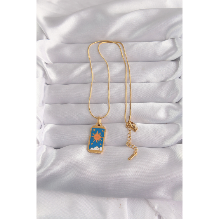 316L Çelik Gold Renk Mavi Mineli Güneş Model Tarot Kolye 5886