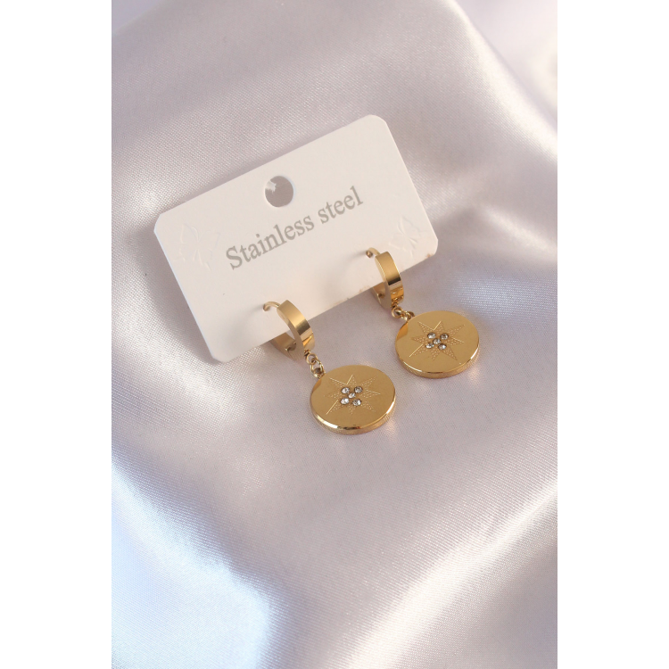 Çelik Gold Renk Kutup Yıldızı İşleme Zirkon Taşlı Kadın Küpe 5886