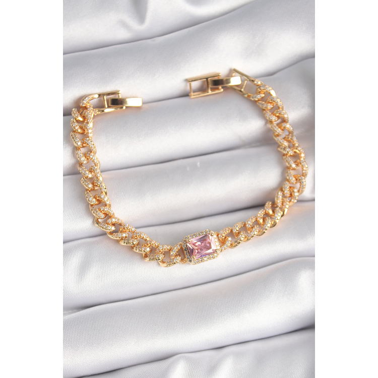 Pirinç Gold Renk Pembe Kare Zirkon Taşlı VIP Seri Kadın Bileklik 5886