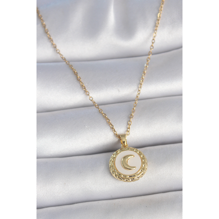 316L Çelik Gold Renk Zincir Beyaz Mineli Hilal İşlemeli Madalyon Model Kadın Kolye 5886