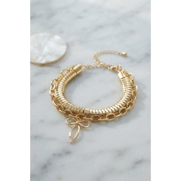 Pirinç Gold Renk Yılan Zincir Model Fiyonk Detaylı Kadın Bileklik Kombini 5886