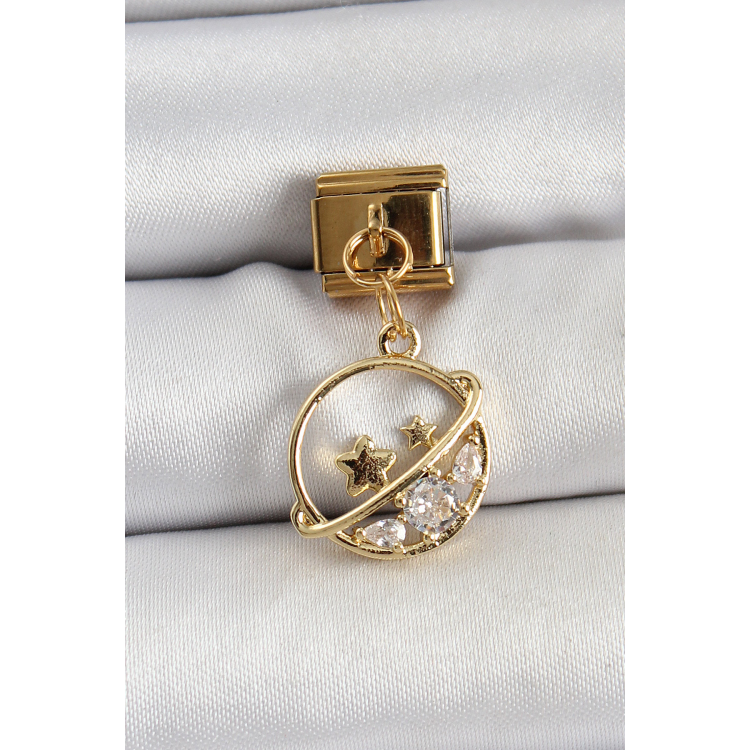 316L Çelik Sallantılı Zirkon Taşlı Satürn Model Gold Renk Nomination Charm 5886