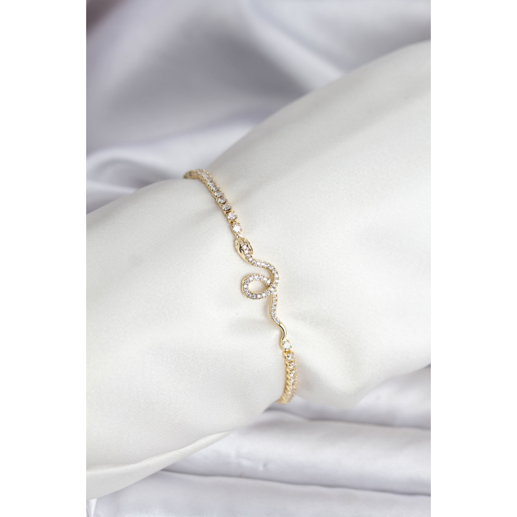 Yılan Model Zirkon Taşlı Gold Renk Pirinç Su Yolu Kadın Bileklik 5886