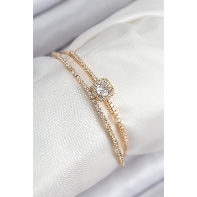 Pirinç Zirkon Taşlı Baget Model Gold Renk Kadın Bileklik 5886