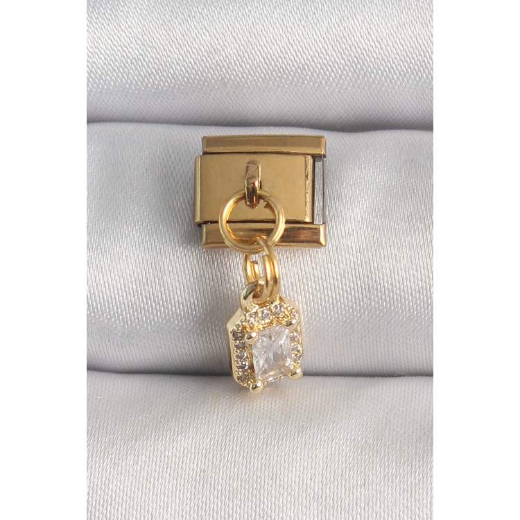 316L Çelik Gold Renk Sallantı Zirkon Taşlı Kare Model Nomination Charm 5886