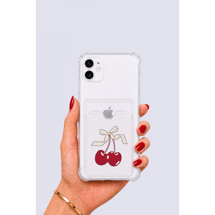 iPhone 11 Kartlıklı Kiraz Desenli Kılıf