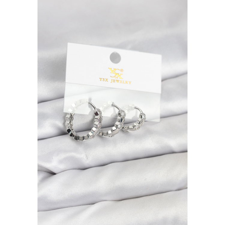 Pirinç Gümüş Renk Zirkon Taşlı Petek Halka Model YSX Trio Küpe Seti 5886