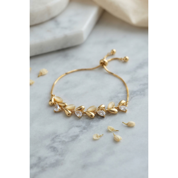 Gold Renk Damla Model Zirkon Taşlı Asansörlü Kadın Bileklik 5886