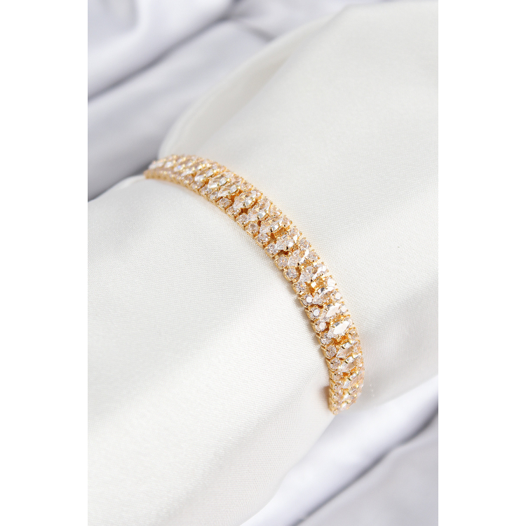 Pirinç Zirkon Taşlı Tennıs Model Gold Renk Asansörlü Kadın Bileklik 5886