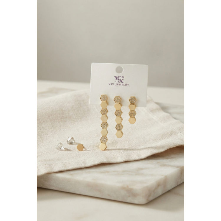 Pirinç Gold Renk Petek Model Kadın Küpe Seti 5886