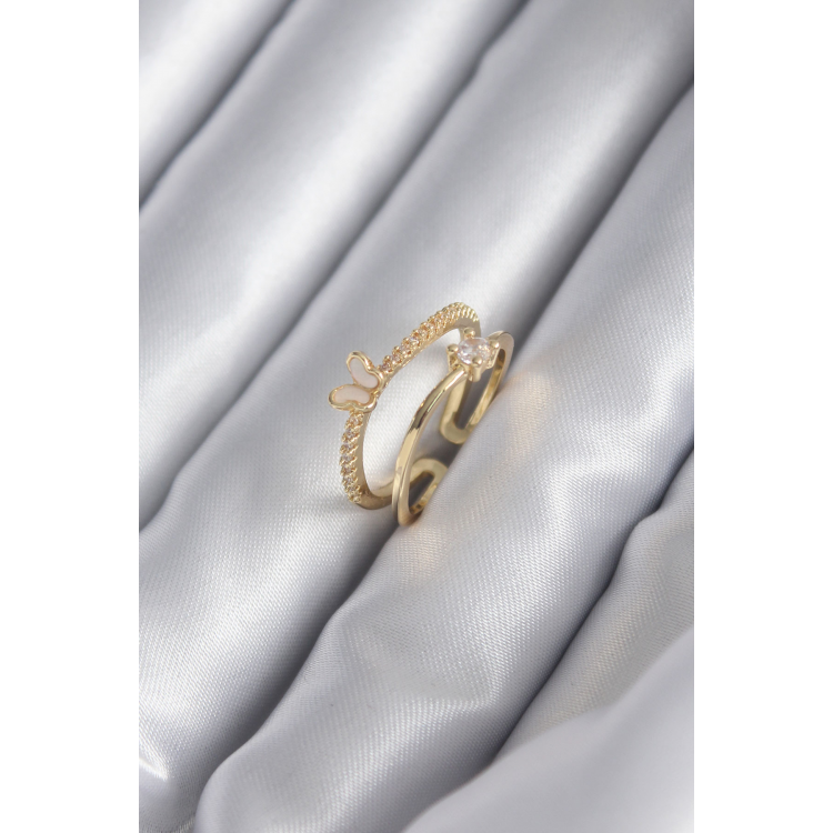 Pirinç Gold Renk Zirkon Taş Detay Kelebek Model Kadın Yüzük 5886