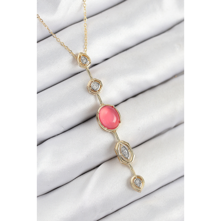 Pirinç Zincir Pembe Gold Renk Zirkon Taşlı Y Kolye 5886