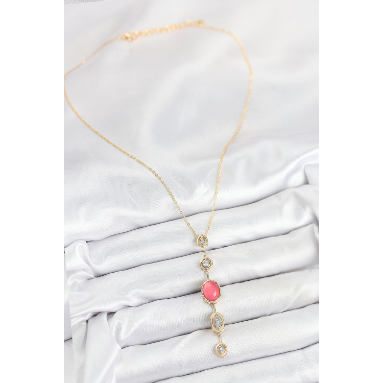Pirinç Zincir Pembe Gold Renk Zirkon Taşlı Y Kolye 5886