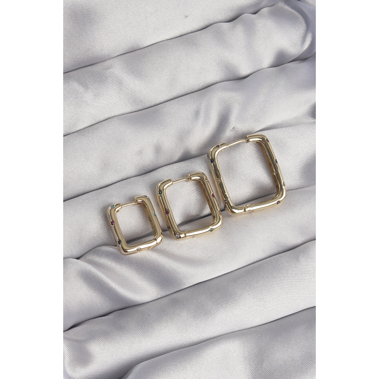 Pirinç Gold Renk Renkli Zirkon Taşlı Kare Model Küpe Seti 5886