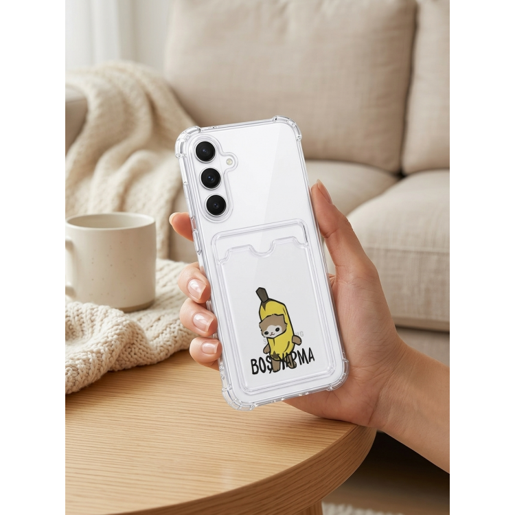 Samsung Galaxy S24 FE Boş Yapma Muz Detaylı Kart Bölmeli Şeffaf Telefon Kılıfı
