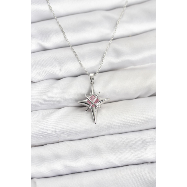 316L Çelik Gümüş Renk Zirkon Taşlı Kutup Yıldızı Model Kadın Kolye 5886