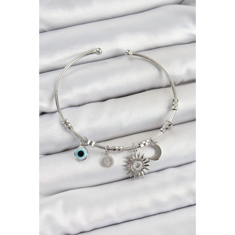 Pirinç Zirkon Taşlı Güneş Ay Ve Nazar Model Gümüş Renk Charm Bileklik 5886