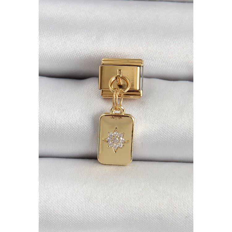 316L Çelik Sallantılı Zirkon Taşlı Kutup Yıldızı Figürlü Dikdörtgen Model Gold Renk Nomination Charm 5886