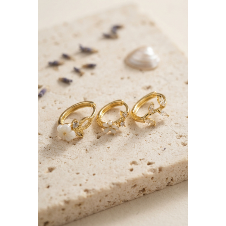 3 lü Set Çiçek Model Gold Renk Kadın Küpe 5886