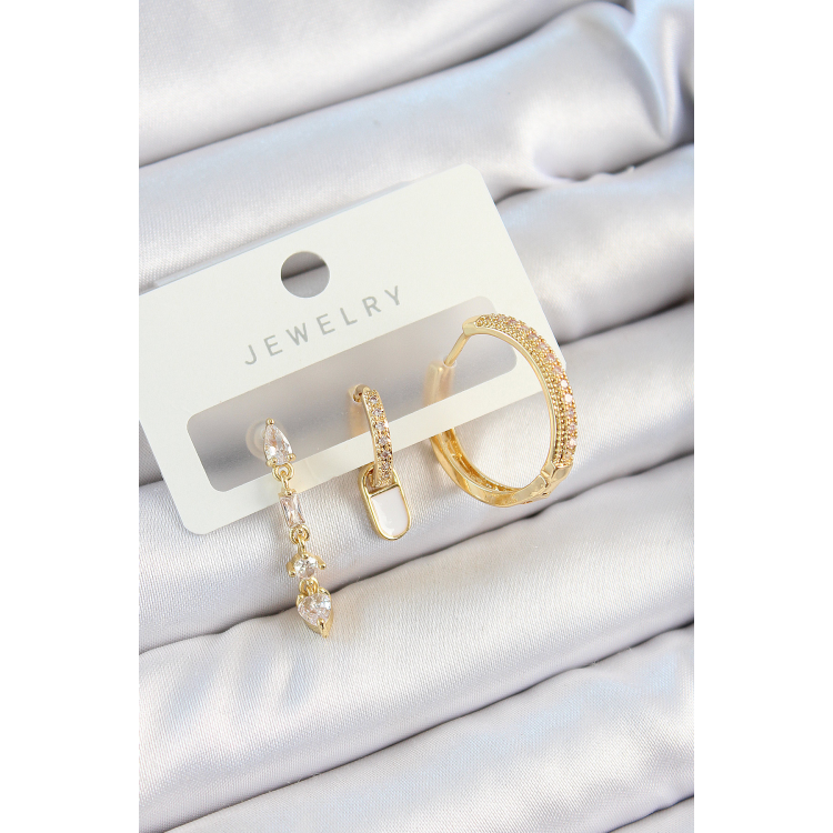 Pirinç Zirkon Taşlı Sallantılı Model Gold Renk 3'lü Çift Kadın Küpe Set 5886