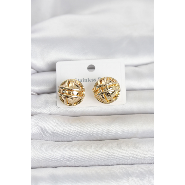 316L Çelik Gold Renk Desenli Top Model Kadın Küpe 5886