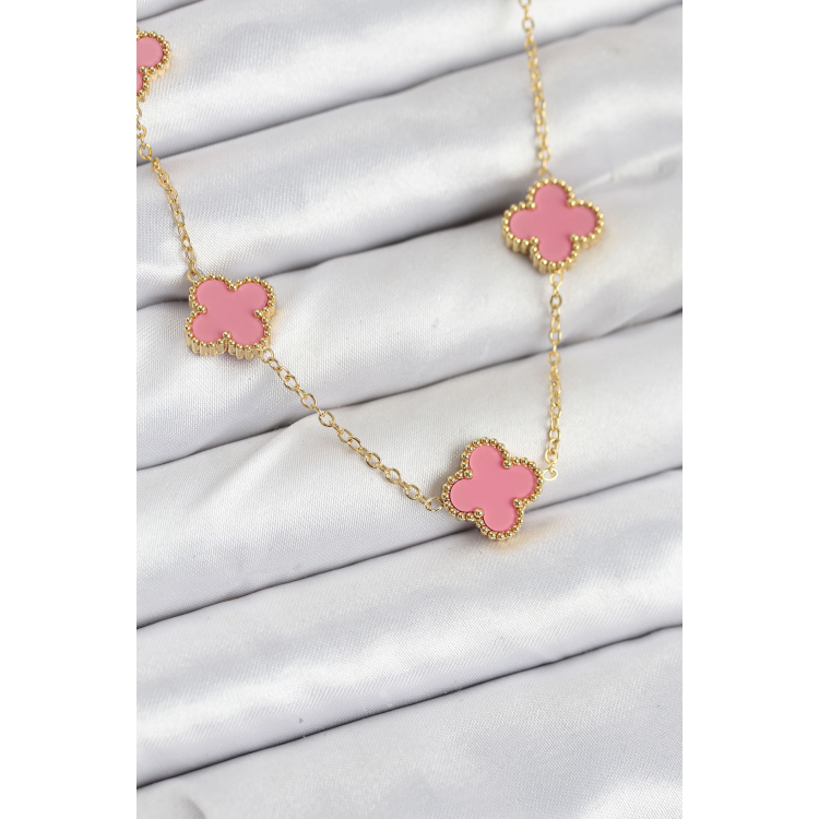 316L Çelik Zincir Gold Pembe Renk Yonca Kadın Kolye 5886