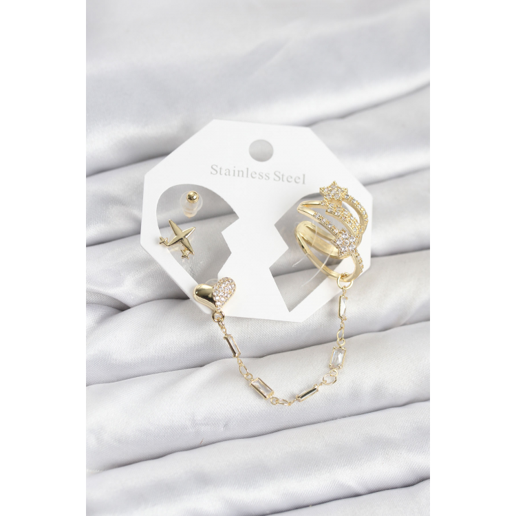 Kalp Yıldız Model Pirinç Gold Renk Zincir Bağlantılı Ear Cuff Küpe Seti 5886