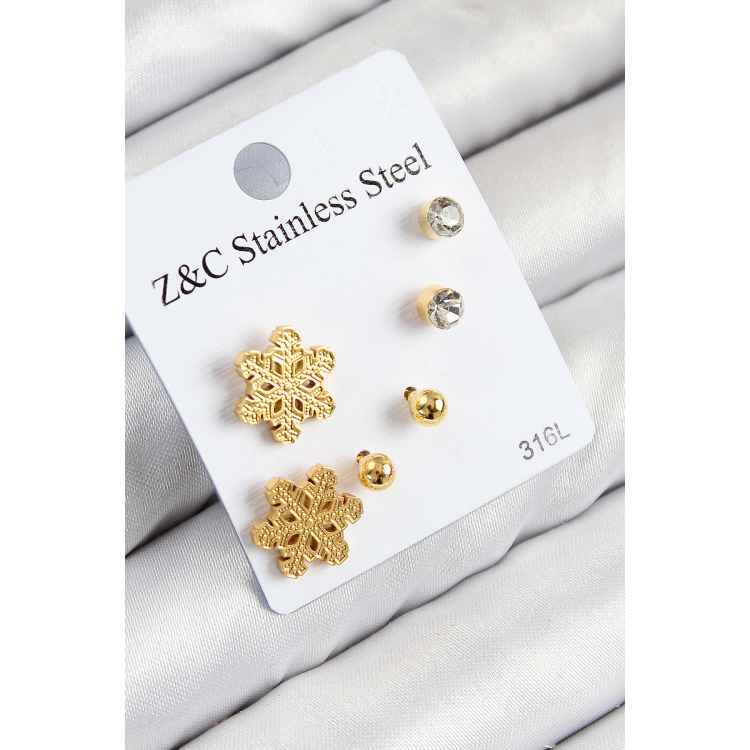 316L Çelik Zirkon Taşlı Kar Tanesi Model Gold Renk Kadın Set Küpe 5886
