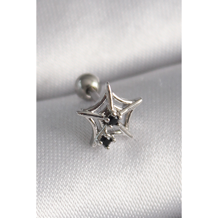 316L Çelik Gümüş Renk Siyah Zirkon Taş Detay Örümcek Ağ Model Tragus Piercing 5886