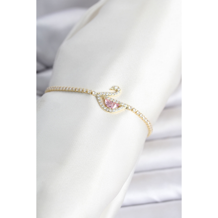 Pirinç Gold Renk Zirkon Taşlı Swan Model Su Yolu Kadın Bileklik 5886