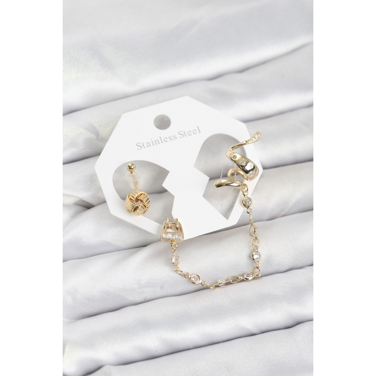 Pirinç Gold Renk Yılan Model Zincir Bağlantılı Ear Cuff Küpe Seti 5886