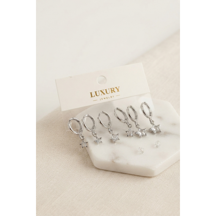 Yıldız Zirkon Taşlı Gümüş Renk Pirinç Set Küpe 5886