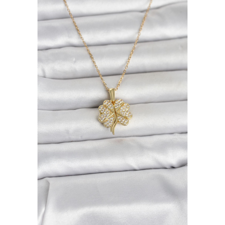 316L Çelik Gold Renk Açılabilir Yonca Model Zirkon Taşlı Kadın Kolye 5886