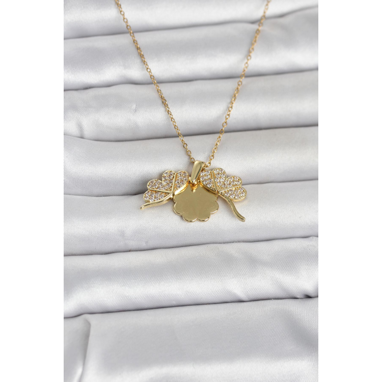 316L Çelik Gold Renk Açılabilir Yonca Model Zirkon Taşlı Kadın Kolye 5886
