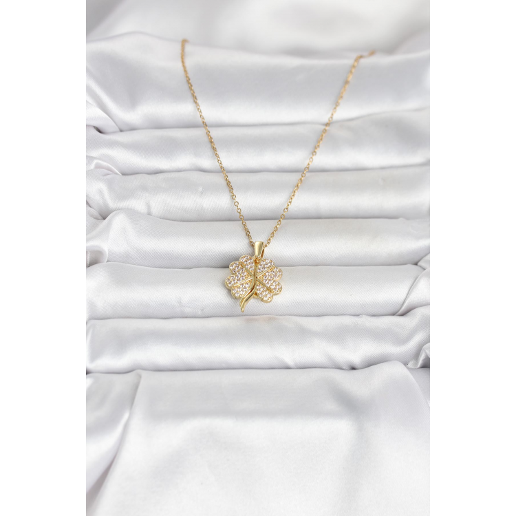 316L Çelik Gold Renk Açılabilir Yonca Model Zirkon Taşlı Kadın Kolye 5886