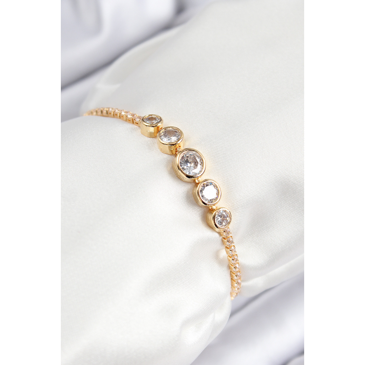 Pirinç Zirkon Taşlı Sıralı Daire Model Gold Renk Asansörlü Kadın Bileklik 5886